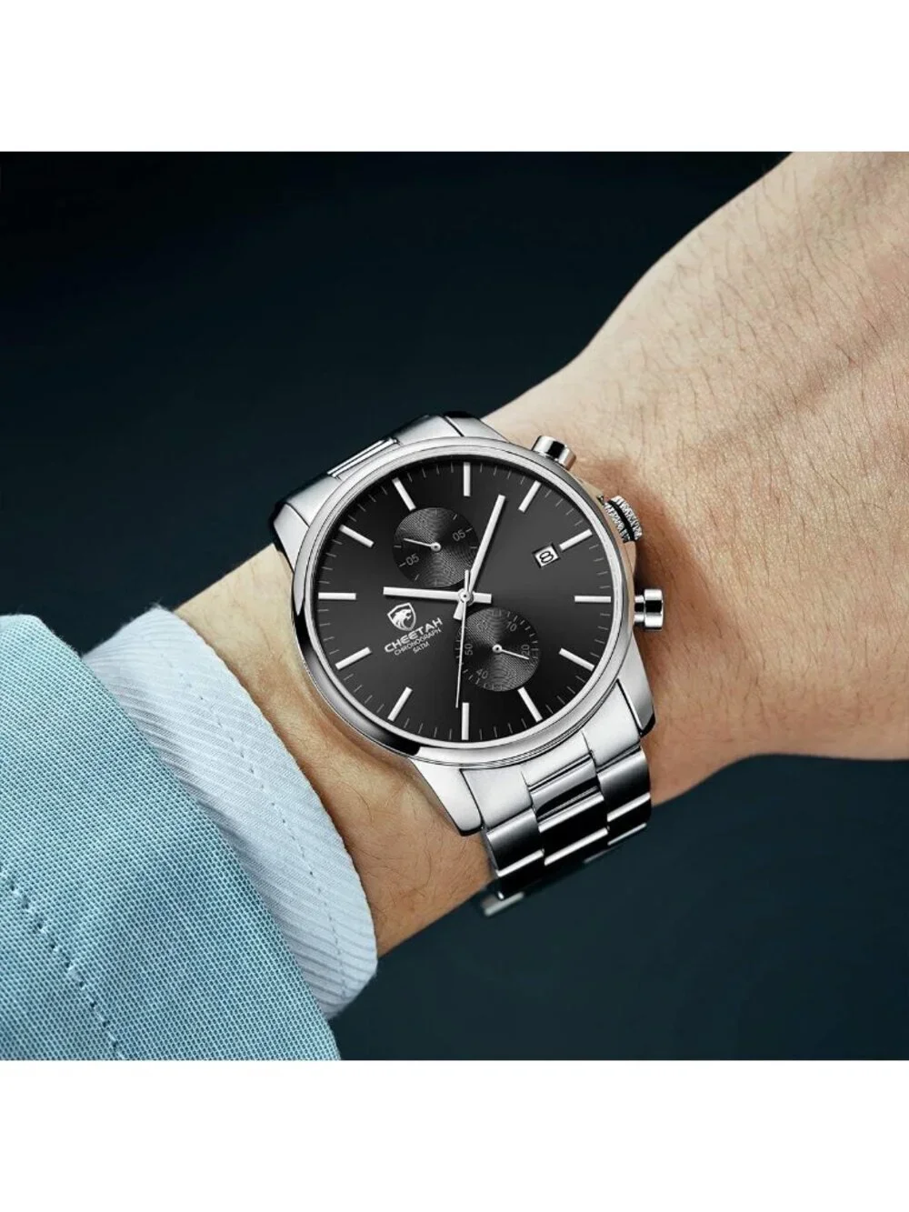 Men's Silver Black Classic Stainless Steel Waterproof Chronograph Quartz Watch